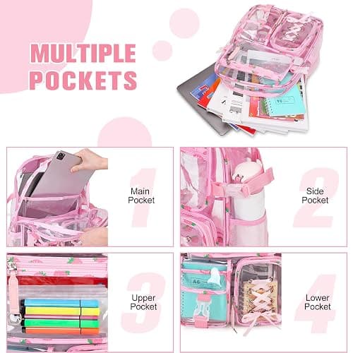 Bevalsa Clear Backpack for Girls, 3PCS Transparent Kids Backpacks for Teens | School Stadium Approved Backpack, Heavy Duty Clear Bookbag with Lunch Bag & Pencil Case for Elementary Middle High School thumbnail 4