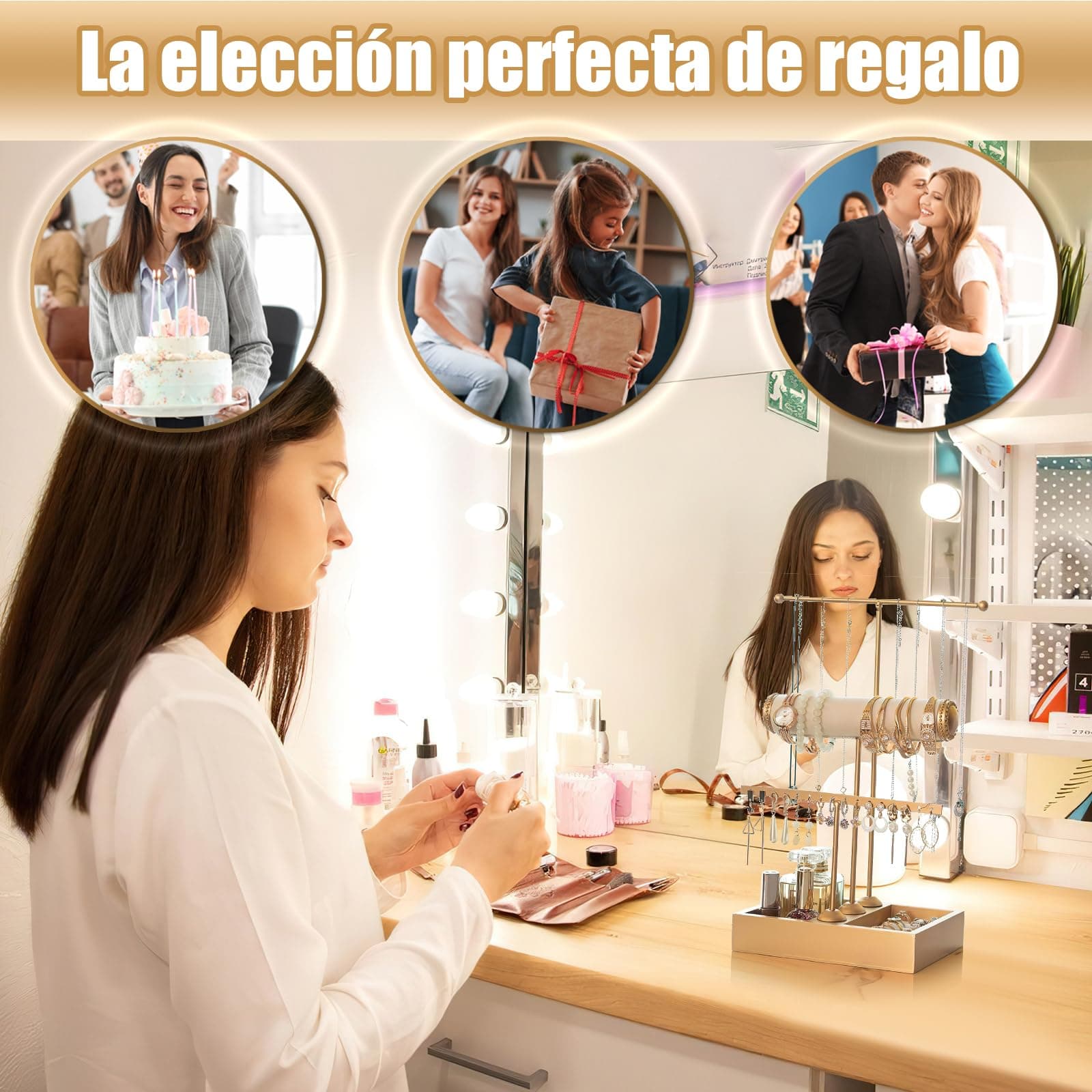 Organizador de Joyas de Metal, Estante de Joyas de 3 Niveles, Soporte para Joyas con en Forma de T para Arete, Pulseras, Relojes, Anillos, Collares, Oro thumbnail 7