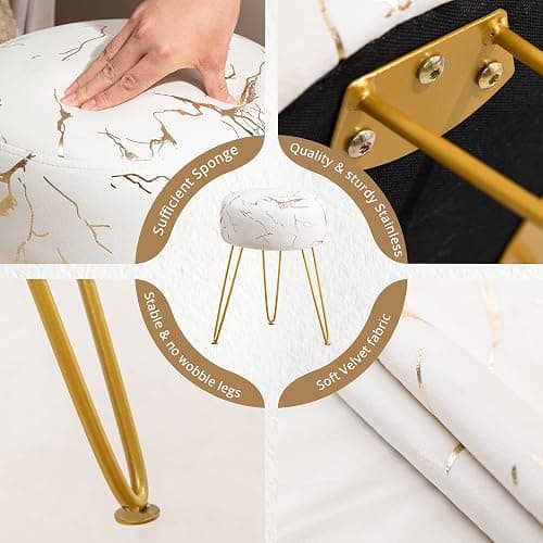 LUE BONA Vanity Stool, Gold Vanity Stools for Makeup Room, Round Ottoman Foot Stool, Velvet Footrest Vanity Chair for Bathroom Vanity, Bedroom, Living Room, Entryway, Offices thumbnail 5