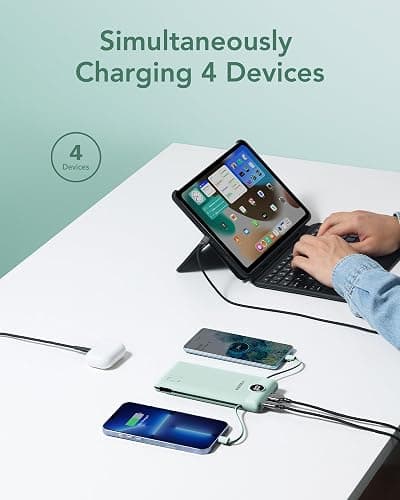 VEGER Portable Charger with Built-in AC Plug and Cables, All in One 10000mAh Ultra Slim Power Bank Travel Essentials, 15W Fast Charging Battery Pack Compatible with iPhone, Samsung, Android (Green) thumbnail 4