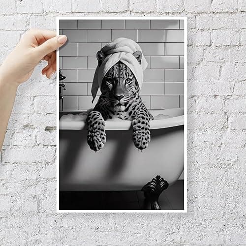 Leopard In Bathtub Canvas Print Trendy Black And White Wall Art Maximalist Poster Luxury Animal Bathroom Spa Decor Aesthetic Pictures for Modern Restroom Home Eclectic Decorations 12x16inch Unframed thumbnail 4
