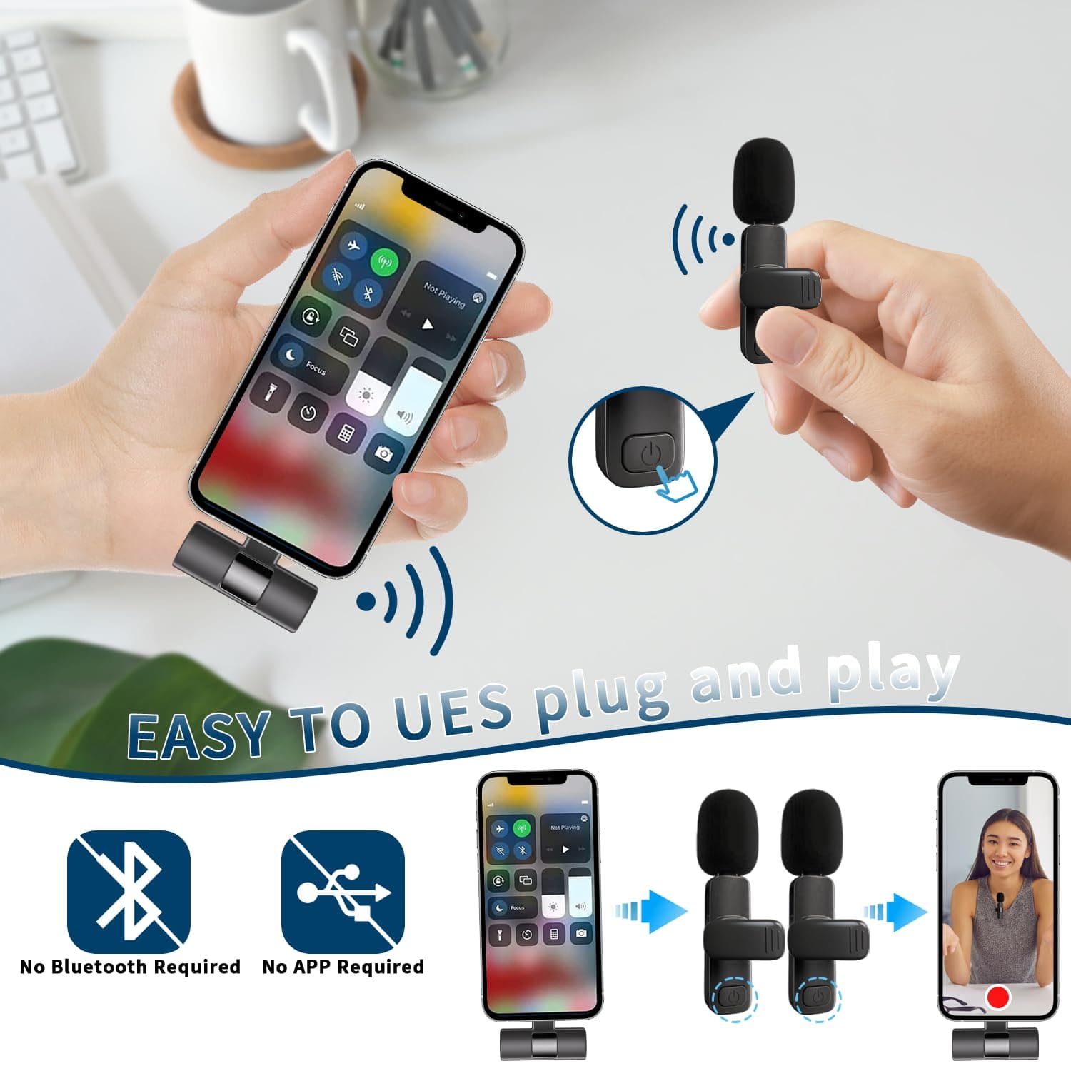 Professional Wireless Lavalier Lapel Microphone for iPhone, iPad, Cordless Omnidirectional Condenser Recording Mic for Video Recording, Live Streaming, Interview Podcast Vlog YouTube Tiktok(2 Pack) thumbnail 3