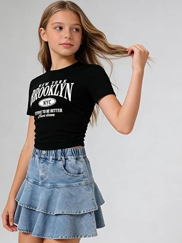 Cakaner Tween Girls Skirt Set Short Sleeve T-Shirt and Ruffle Tiered Denim Skirt Summer Casual 2 Piece Outfit Size 7-14 thumbnail 2