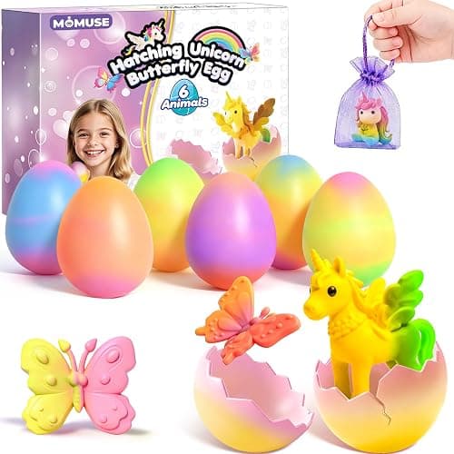 MOMUSE Hatching Unicorn Eggs for Kids 6PCS, Rainbow Surprise Magical Eggs | Mini Unicorns & Butterflies & Reusable Charm Pouches, Blind Box Craft Kits for Girls 3 4 5 6 7 8, Easter Birthday Gifts - Image 1