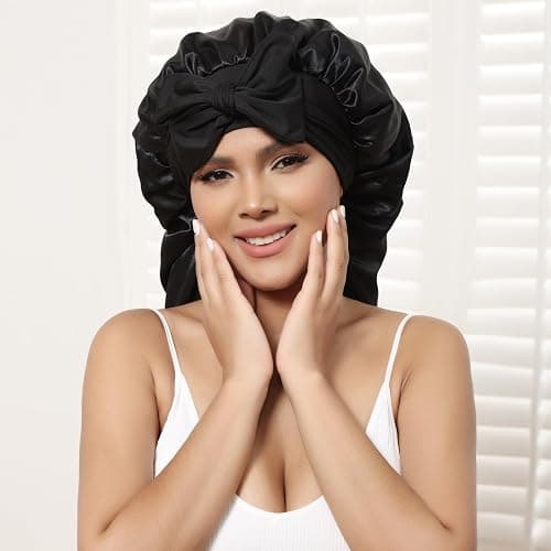 AWAYTR Long Satin Bonnet for Women - Double Layer Elastic Silk Bonnet for Braids Hair Sleeping Cap with Tie Band (Black) thumbnail 5