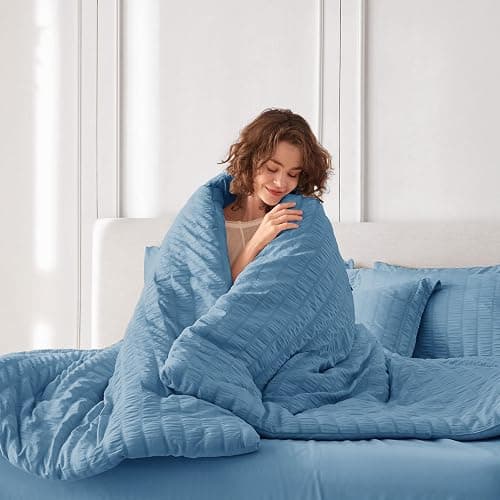 MUXHOMO 7 Pieces Queen Comforter Set, Seersucker Bed in a Bag Queen Size, All Season Luxury Bedding Set with Comforter, Flat Sheet, Fitted Sheet, Pillowcases & Shams, Mineral Blue thumbnail 6
