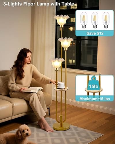 Lightdot Flower Floor Lamp for Living Room, Dimmable Vintage Floor Lamp with Shelf& Bulbs Included, 3 Light Warmwhite Mid Century Gold Floral Standing Tall Lamp for Bedroom/Sofa Beside/Corner Decor thumbnail 5