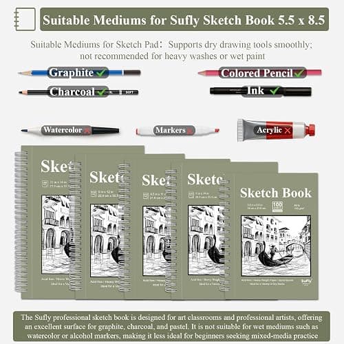 SuFly Small Sketch Book 5.5"x8.5", 2-Pack Mini Sketchbook, Spiral Bound Sketchbook Hardcover with 200 Sheets of 68lb/100gsm Mini Drawing Pad Paper, Small Sketch Pads for Drawing for Adults & Kids. thumbnail 5
