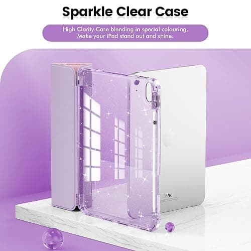 INFILAND Compatible with iPad 10th Generation Case, iPad Case 10th Generation 10.9 Inch, Glitter Leather Cover with Sparkly Crystal Clear Back, Pencil Holder, Anti-Yellowing (Purple Flutter) thumbnail 3