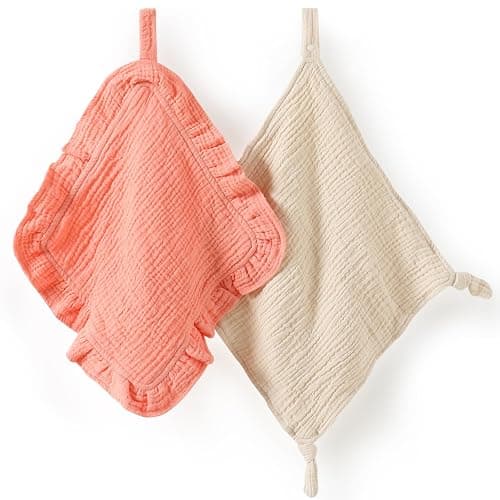 PEIPEIWU Loveys for Babies- 2 Pack Organic Cotton Muslin Loveys with Attachable Snap Closure - Newborn Baby Lovey Security Blankets for Babies Baby Blanket (Pink) - Image 1