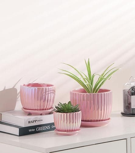 Ton Sin Pink Gold Ceramic Flower Pots, 4"+5"+6" Inch Small Glazed Succulent Planters with Drainage Hole,Modern Indoor Decorative Plant Pots Set of 3,Garden Pots with Saucer thumbnail 2