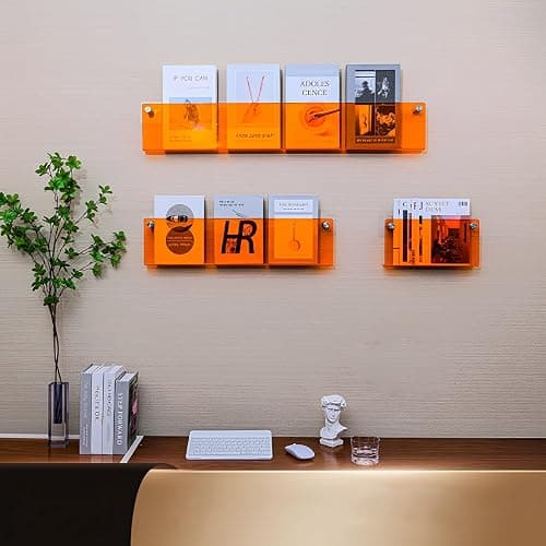 ROYALITA 2-Pack Acrylic Magazine Holder Brochure Holder, 17" Record Holder Magazine Rack, Fashion Hanging Bookshelf Literature Storage Rack for Waiting Room, Living Room, Office, Orange 17 Inch - Orange - 17 Inch thumbnail 2