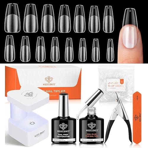 modelones Gel Nail Kit Medium Coffin, Upgrade 510Pcs Fake Nails, 9-in-One Glue Prep Dehydrator & Portable Mini U V Light Acrylic Clipper, Coffin Tips Extension Kit for DIY Salon Home Gifts - Image 1
