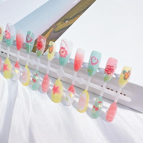 30pcs Summer Press on Nails Medium Almond Fake Nails with 3D Flower Starfish Designs Summer Beach False Nails Pearl Glue on Nails Handmade Full Cover Acrylic Nails Stick on Nails for Women thumbnail 2