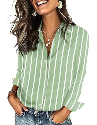Zeagoo Button Down Shirts for Women Long Sleeve Tops Striped Solid Blouses | Collared V Neck Shirts Button Up Shirt Dressy Casual Blouses Cute Summer Fall Fashion Clothes Office Work Tops Spring Outfits - Image 1