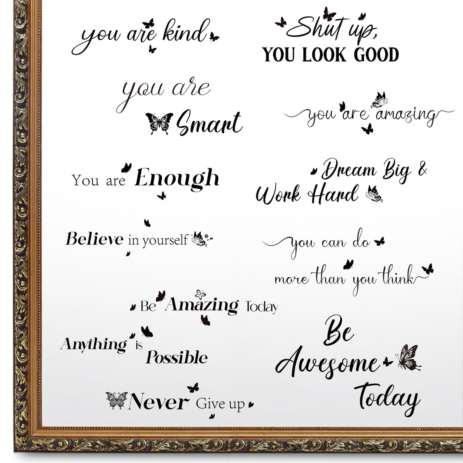 Geyoga 12 Pcs Inspirational Quote Mirror Decals Vinyl Positive Affirmations Mirror Decals Be Amazing Today Be Awesome Today Motivational Stickers for Bedroom Living Room Office Bathroom(Butterfly) - Image 1