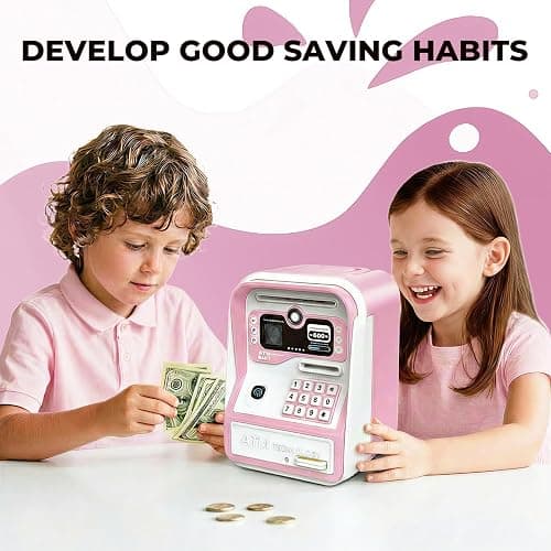 Piggy Bank for Kids Electronic ATM with Password Fingerprint Unlock for Real Money, Children Cash Coin Bank Birthday Gifts for 3 4 5 6 7 8 9 10 11 12 Year Old Boy Girl(Pink/White) thumbnail 5