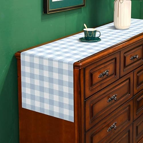 Buxiuer Dusty Blue Gingham Table Runner Light Blue Checkered Boy Girl Baby Shower Birthday Party Decoration Home Dining Kitchen Island Decor (13" x 72") thumbnail 5