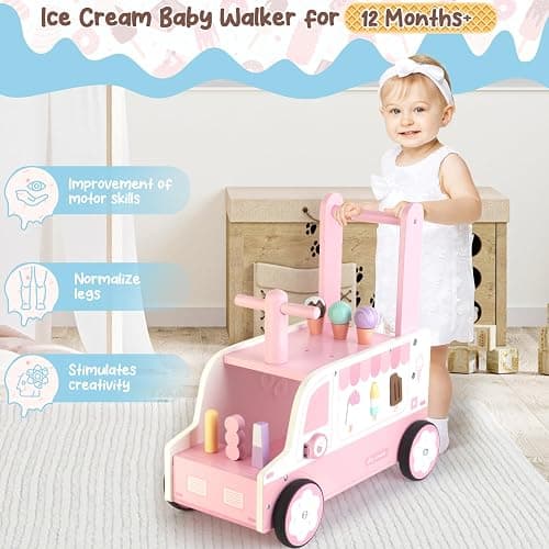 Asweets Wooden Baby Push and Pull Walker with Wheels, Learining Acticity Walker for Boys & Girls, Multiple Activities Center, Develops Motor Skills & Stimulates, 17.3''L x 9.1''W x 18.1''H thumbnail 3