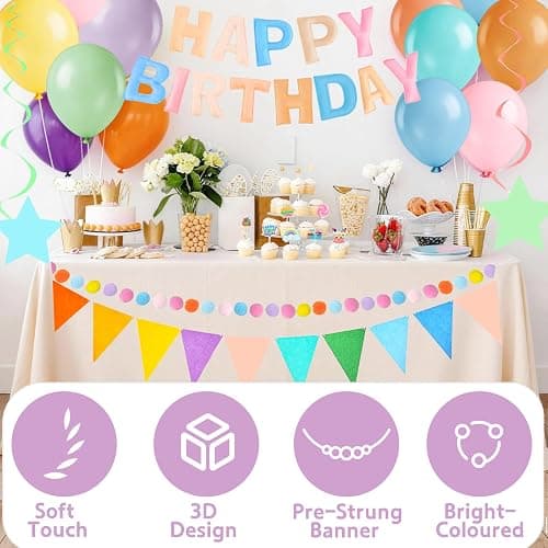 Pre-Strung 3D Felt Happy Birthday Banner Decorations, Macaron Color Birthday Decorations Felt Pom Pom Garland Triangle Fabric Banner Balloons Hanging Swirl Cake Toppers For Girls Boys Women Men Handmade Reusable Birthday Decorations Supplies thumbnail 5
