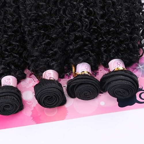 FRELYN Kinky Curly Hair Bundles Synthetic Hair Weave Bundles 18 18 20 20 Inches 4 Pieces/Pack Black Color Quick Weave Sew in Extension Very Soft thumbnail 5