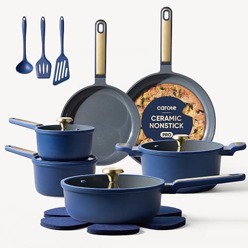 CAROTE Ceramic Cookwar Set, Pots and Pan Set Non Stick 18 Piece, Cookware Set Kitchen Cooking Set Non Toxic, PFAS PTFE Free, Blue - Image 1