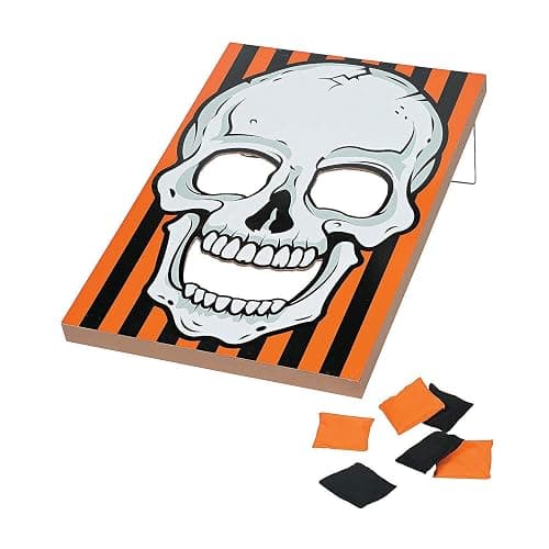 Fun Express Halloween Bean Bag Toss Game - Large Wooden Skull Design Board with 6 Bean Bags | Perfect for Halloween Party Games, Carnival Activities & Fall Festival Fun for Kids and Adults - Image 1
