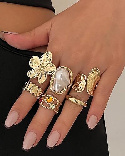 WGCHAIE Goldene Ringe Set, 6 Stück Set Retro Metall Blumen & Kristallringe, Vintage Knöchelringe mit Blumen, Perlen und Kristallen, für Damen Alltagsoutfit, Feiern, Partys thumbnail 5
