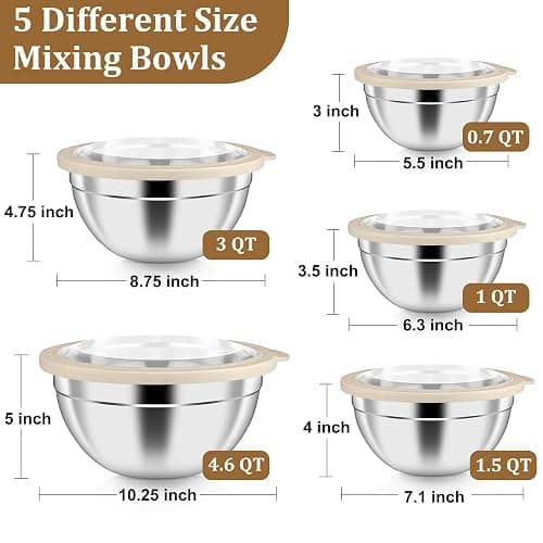 P&P CHEF Metal Mixing Bowls with Lids Set, Visible Airtight Lids & Khaki | 5 PCS Stainless Steel Mixing Nesting Bowls for Kitchen Prepping, Storing, Healthy & Easy Clean, Size 4.6, 3, 1.5, 1, 0.7 QT thumbnail 2