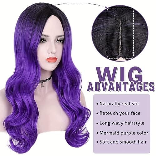 Maripabon Purple Ombre Long Wavy Wig Middle Part Mixed Black and Purple Ombre Wig for Women 29.5 Inch Mermaid Colorful Wigs Heat Resistant Synthetic Wigs for Daily Cosplay Party - Ombre Purple thumbnail 5