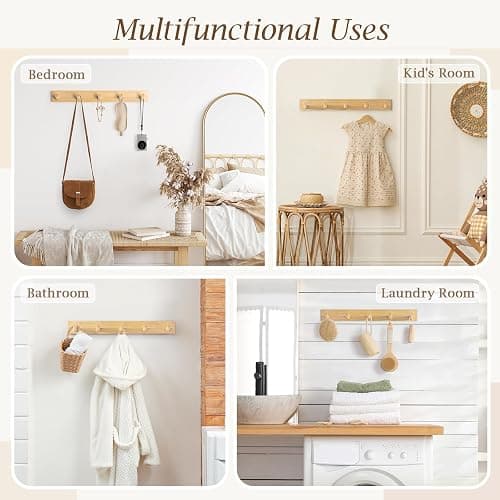 HOMEBROS Coat Rack Wall Mount, Wooden Coat Hanger with 5 Hooks, Heavy Duty, Natural, 1 Pcs thumbnail 6