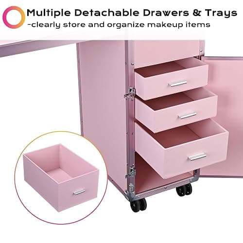BYOOTIQUE Pink Rolling Manicure Table with Storage Protable Nail Station Kit with Makeup Train Case Cosmetic Organizer for Beauty Salon Barbershop Manicurist thumbnail 5