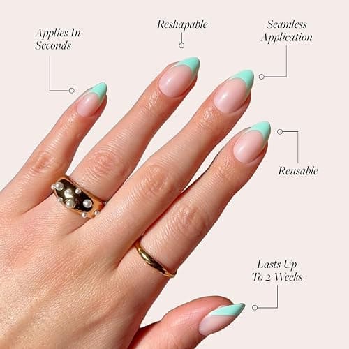 Glamnetic Press On Nails - Pistachio Crème | Short Almond Fake Nails with Mint Blue French Tips and Glossy Finish, Salon Quality | 15 Sizes - 30 Nail Kit with Glue thumbnail 3