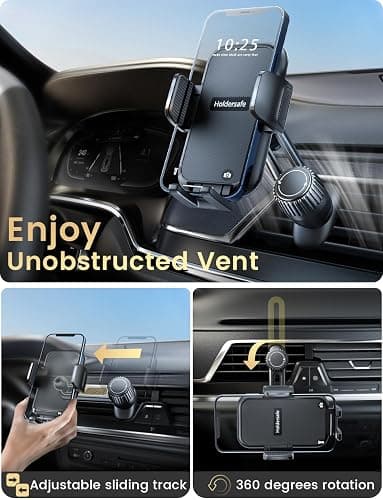Holdersafe 2026 Car Phone Holder [Never Blocking Vent] with Wide Clamp | 6.5cm Long Arm Keeps AC/Heat Airflow Clear, Thick Case Friendly, Fits iPhone 17 16 15 14 13 Pro Max & Samsung Android （Black） thumbnail 2