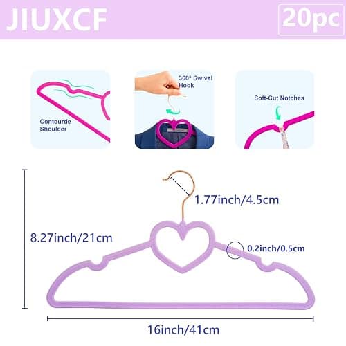JIUXCF Velvet Hangers 20 Pack, 360° Swivel Rose Gold Hooks, 16" Non Slip Heart Hanger, Thin Clothes Hangers, Durable & Cute Felt Hanger for Adult (Light Purple) thumbnail 2