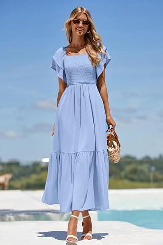 MASCOMODA Womens Summer Casual Midi Dress Square Neck Ruffle Short Sleeve Smocked High Waist A Line Wedding Guest Dresses thumbnail 5