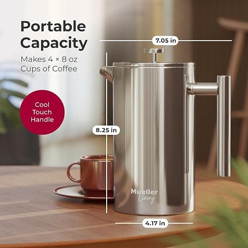 MuellerLiving French Press Coffee Maker 34oz, Stainless Steel French Press Coffee, 4 Filter Heat Resistant Double Insulated, Rust-Free, Food Grade, Dishwasher Safe Coffee Pot thumbnail 3