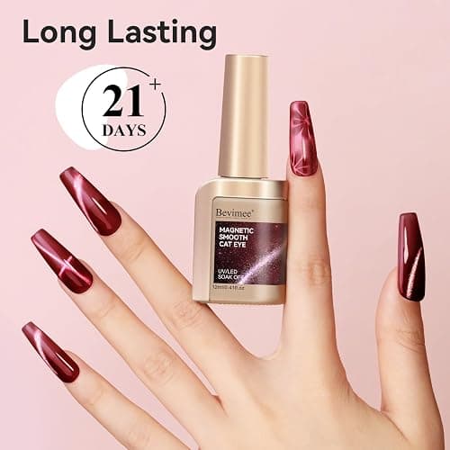 Bevimee Red Cat Eye Gel Nail Polish, Burgundy Red Magnetic Gel Polish | Moonlight Cateye Gel Polish With Magnet Wine Red Holographic Shimmer UV Velvet Manicure Salon DIY Home, 12ML thumbnail 5