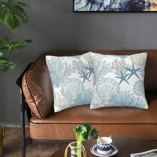Tebjh Nautical Coastal Beach Pillow Covers 18x18 Set of 2, Ocean Themed Seashell Coral Starfish Throw Pillow Covers Outdoor Decorative Pillow Case for Couch Bed Sofa Cushion Home Decor thumbnail 7