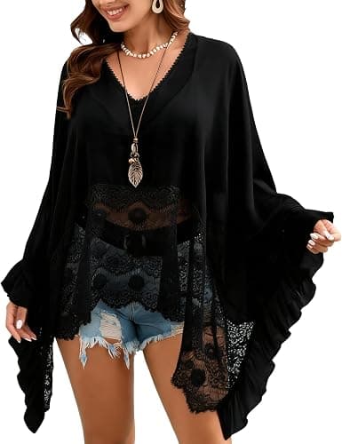MAKABO Women's Sheer Poncho Top Knit Summer Lace See-Through Shawl Shrug | V Neck Sheer Poncho Top, Batwing Sleeves Cover Up, Lightweight Lace Poncho Shawl,Fashion Casual Summer Beach Vacation Wear - Image 1