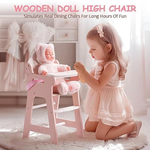 ROBOTIME High Chair for Pretend Play, Wooden Baby Doll Furniture with Safety Belt and Footrest, Fits 18 Inch Dolls, Gift for Ages 3+, White/Pink thumbnail 6