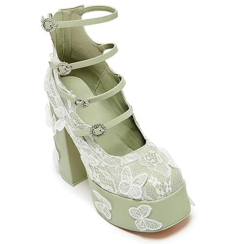 KISTANIA Women's Platform Chunky Heels with Lace Butterfly Square Toe Ankle Strap Mary-Jane Platform Pumps thumbnail 4