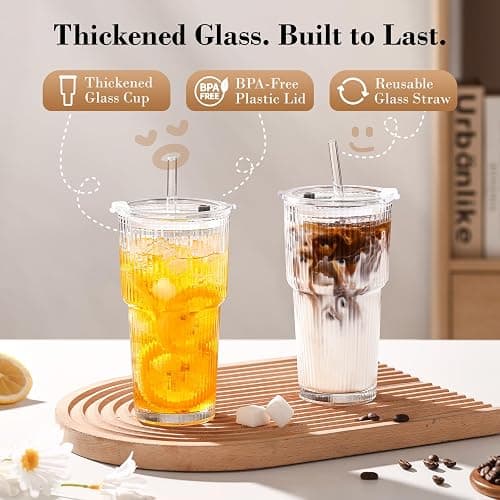 GOSCHE 20oz Glass Tumblers with Straws and Lids, Ribbed Iced Coffee Cups Leak-proof, Dishwasher Safe, Thickened Glass Cups with Lids Ideal for Coffee and Travel, Clear, 4 Pack thumbnail 7