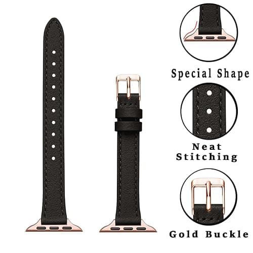 STIROLL Slim Leather Bands Compatible with Apple Watch Band 38mm 40mm 41mm 42mm(Series 11 10), Top Grain Leather Watch Thin Wristband for iWatch SE 9 8 7 6 5 4 3 2 1 (Black Rose Gold) thumbnail 2