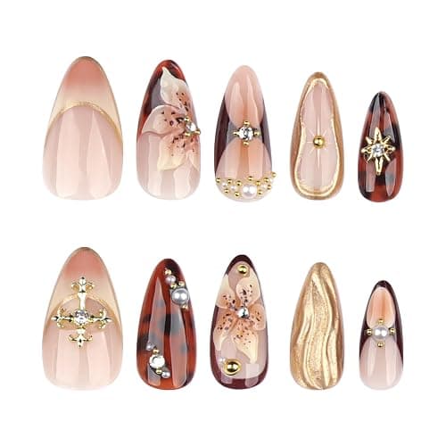 XZMeiLun Handmade 3D Flower Brown Press On Nails Medium Almond, 3D Floral Pearl Designer Reusable Acrylic Fake Nail, Stick On Glue On Nail, Nails Press Ons Daily Wear False Goth Nails For Women thumbnail 3