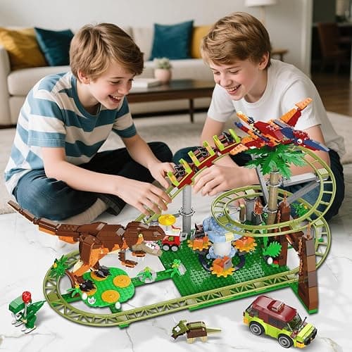 HOGOKIDS Dinosaur Roller Coaster Building Set - 1222PCS Rollercoaster Building Toy with 4 Dinosaur, Off-Road Vehicle, Food Cart, Dinosaur Models Playset Gift for Adults Kids Girls Boys Ages 8-12 Year thumbnail 4