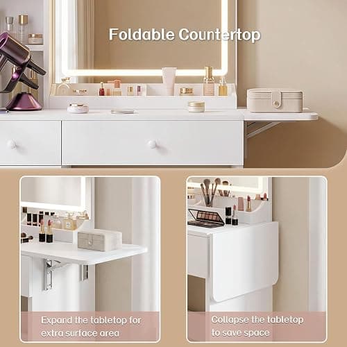 Haewon Vanity Desk Set with Lighted Mirror and Chair, White | Makeup Table with 3 Color Lighting Modes, Charging Station, Storage Cabinet and Drawers for Bedroom thumbnail 6