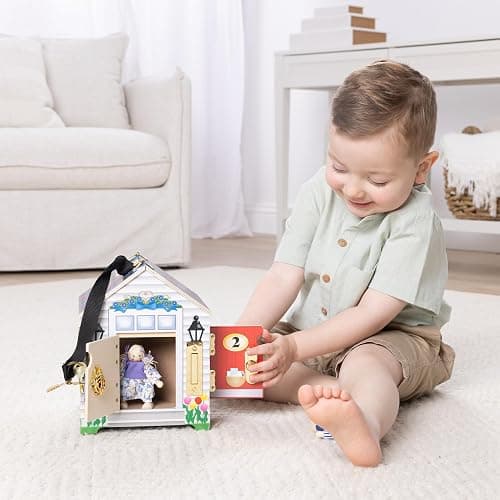 Melissa & Doug Take-Along Wooden Doorbell Dollhouse - Doorbell Sounds, Keys, 4 Poseable Wooden Dolls Portable Doll House, Doorbell House for Kids Ages 3+ thumbnail 7