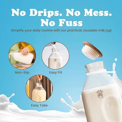 Almond Cow - Glass Pitcher with Lid and Spout, Glass Bottle Milk Container for Refrigerator, Clear Milk Jar Bottles, Food-Grade Liquid Container, 60 fl oz Capacity, 5 x 4 x 10 Inches - Glass Pitcher - 60 fl oz (Pack of 1) thumbnail 3