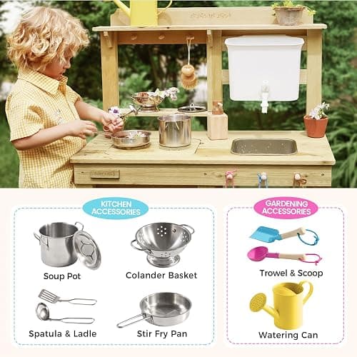 Tiny Land Outdoor Mud Kitchen for Kids, Wooden Play Kitchen with Water Tank, Water & Cooking Play, Sensory Fun, Weather-Resistant with Storage, Ideal for Toddlers Ages 3+ thumbnail 4